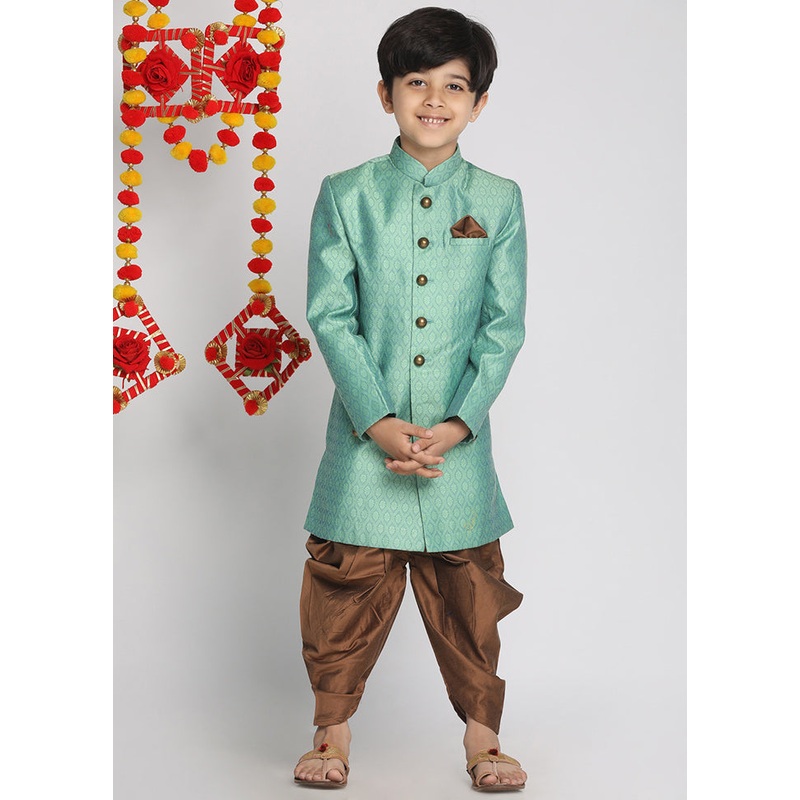 Green Festive Silk Kurta Pajama Set - JD986588082