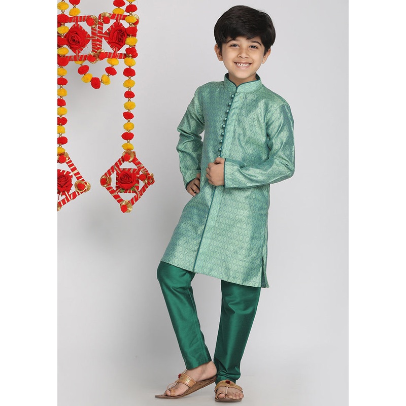 Green Festive Silk Kurta Pajama Set - JD986588084