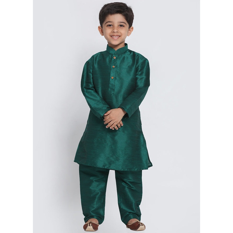 Green Festive Silk Kurta Pajama Set - JD986588085