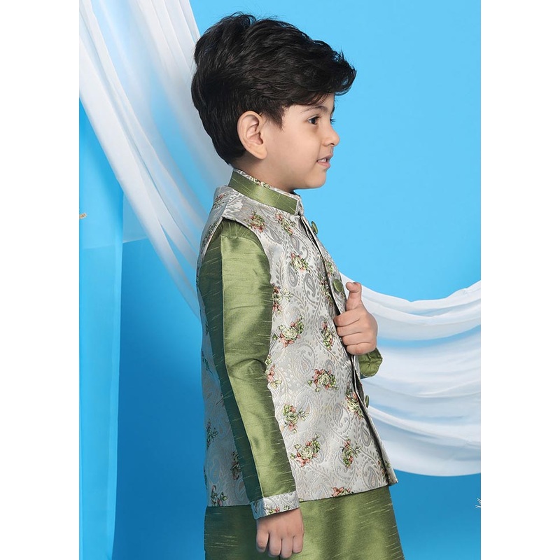 Green Silk Nehru Jacket - JD986588076