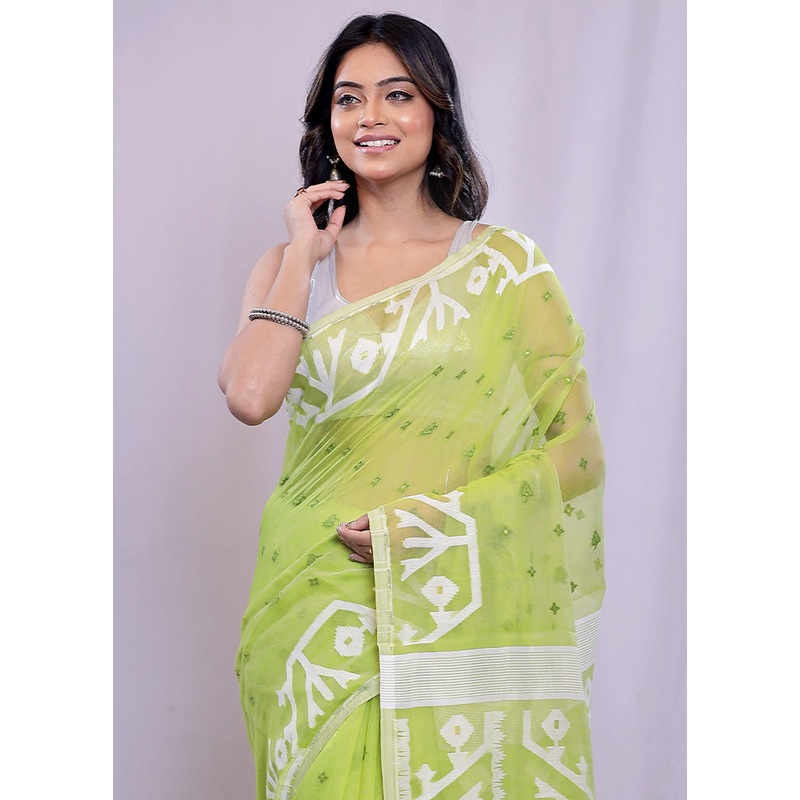 Green Tant Jamdani  Saree Without Blouse Piece - JD986588229