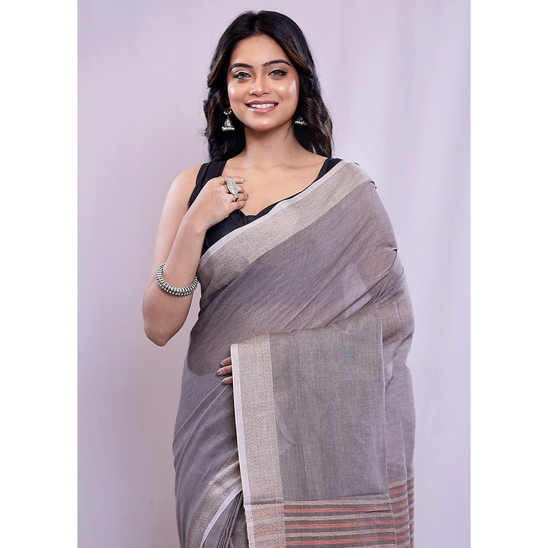Grey Cotton Saree With Blouse Piece - JD986588228