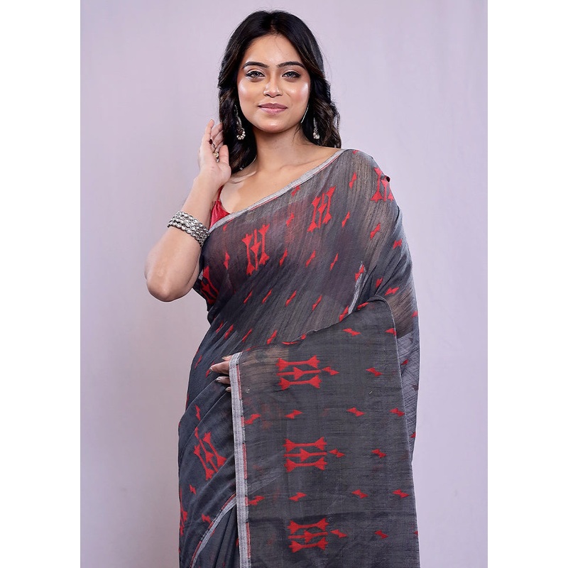 Grey Cotton Saree With Blouse Piece - JD986588237