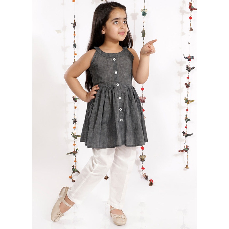 Grey Pure Handloom Cotton Fabric Short Kurta With Straight Pants - JD986588069