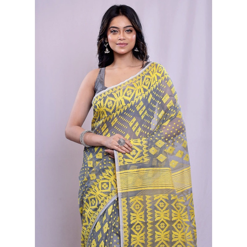 Grey Tant Jamdani  Saree Without Blouse Piece - JD986588227