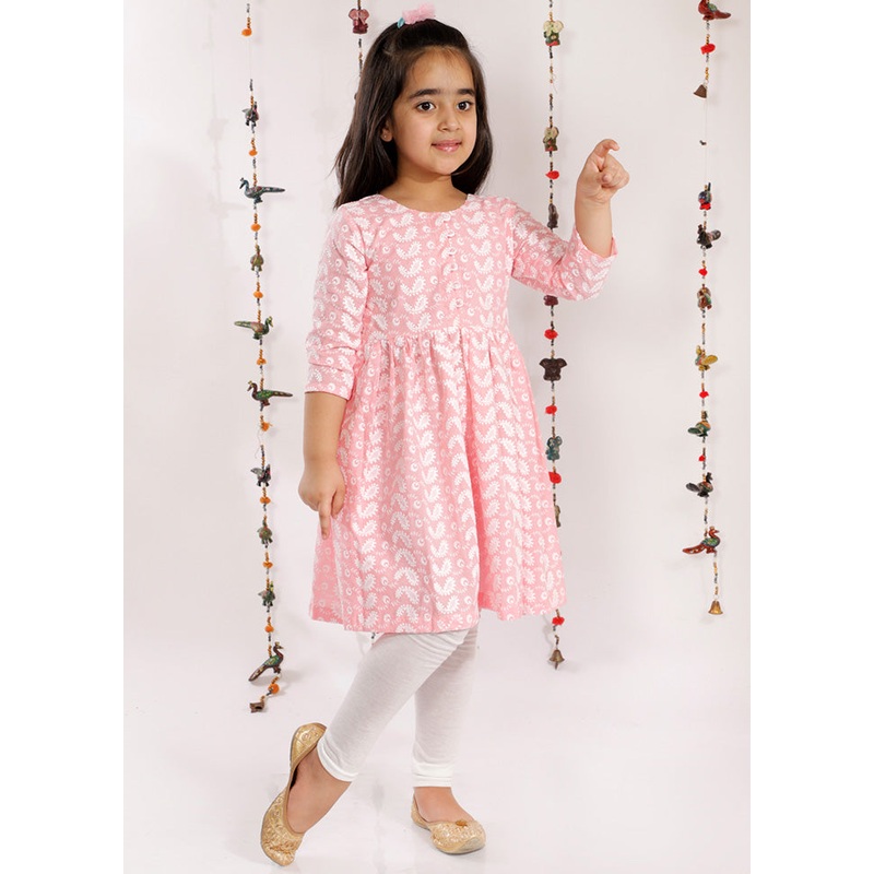 Light Pink Pure Cotton Lukhnowi Chikankari Anarkali Kurta With Cotton Leggings - JD986588062