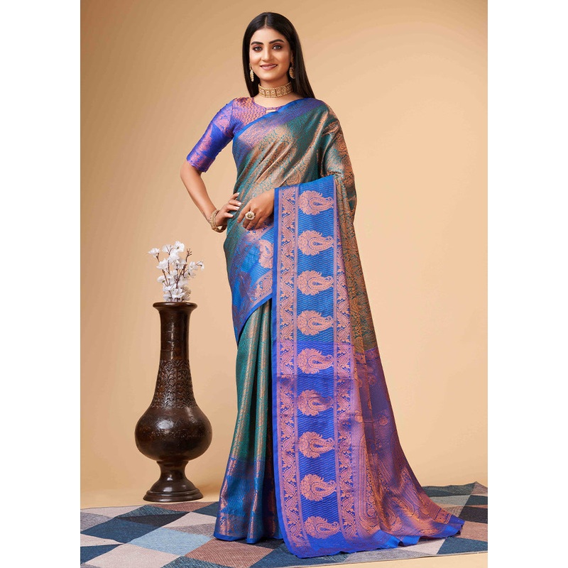 Rama Dupion Silk Saree With Blouse Piece - JD986588256