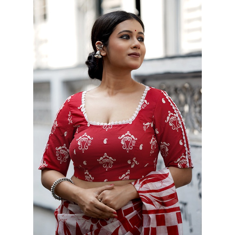 Red Cotton Silk Designer Blouse - JD986588210