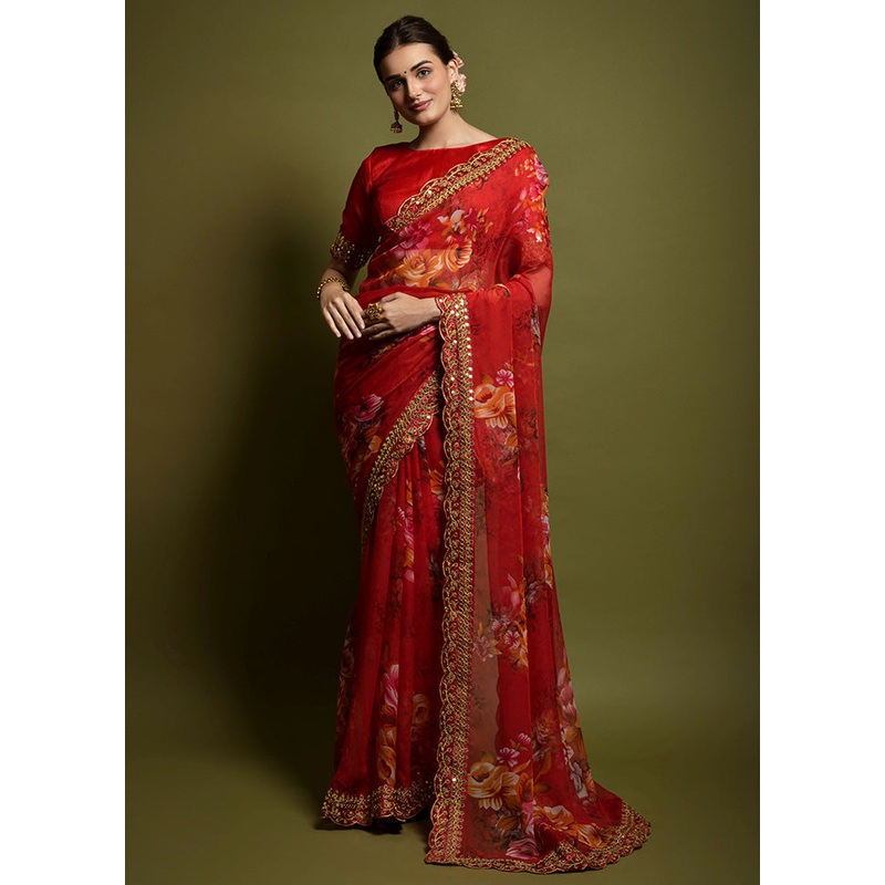 Red Georgette Saree With Blouse Piece - JD986588254