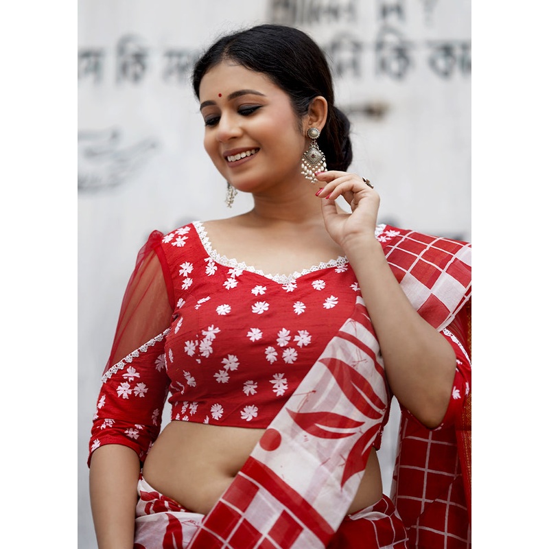 Red Pure Silk Designer Blouse - JD986588206