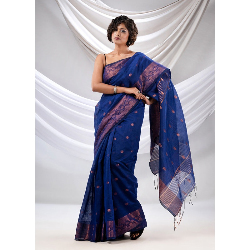 Royal Blue Cotton Saree With Blouse Piece - JD986588253