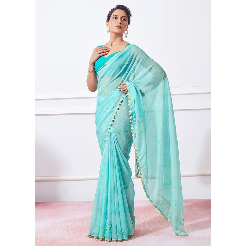 Sea Green Organza Saree With Blouse Piece - JD986588250