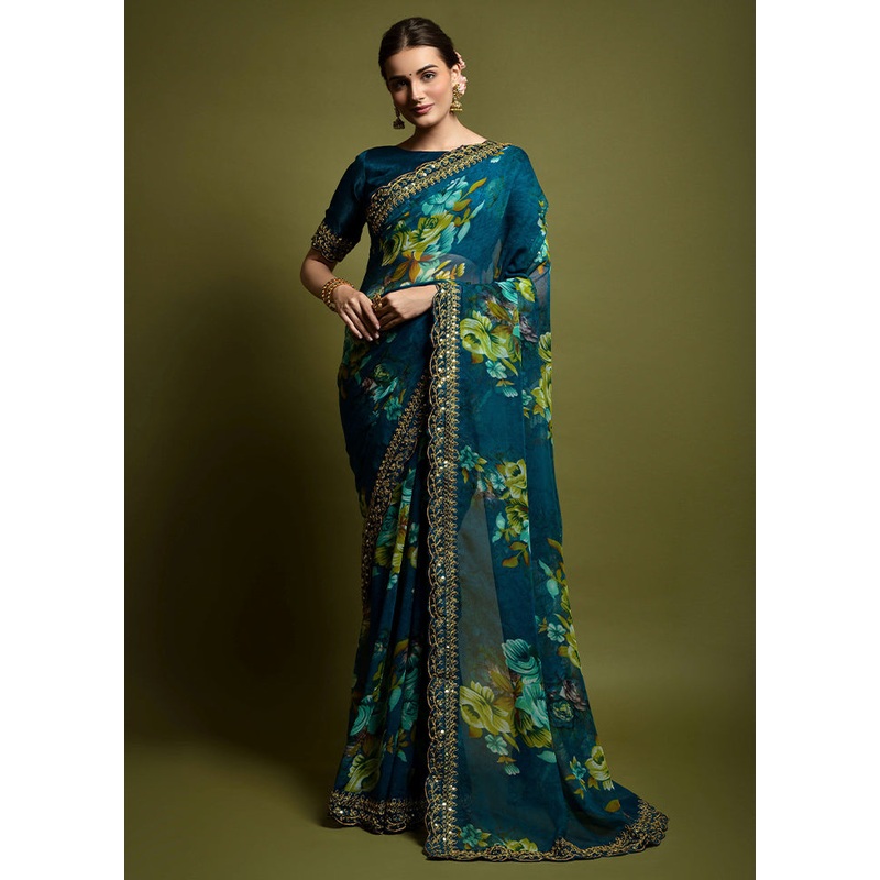 Teal Georgette Saree With Blouse Piece - JD986588249