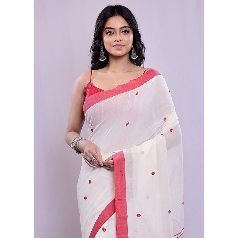 White Cotton Saree With Blouse Piece - JD986588224