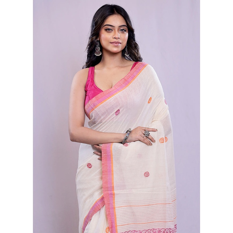 White Cotton Saree With Blouse Piece - JD986588234