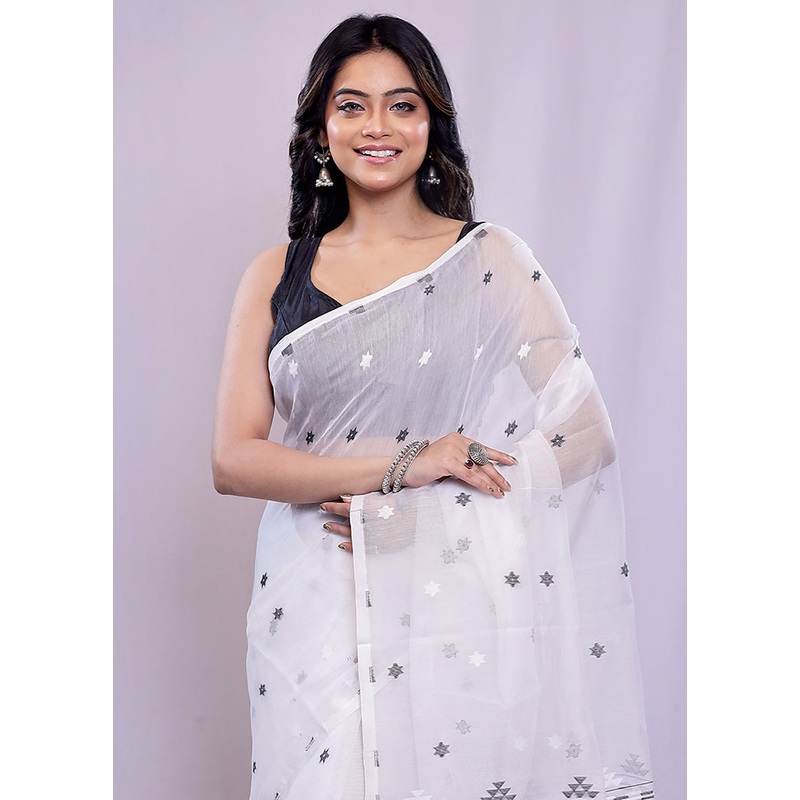 White Tant Jamdani  Saree Without Blouse Piece - JD986588222