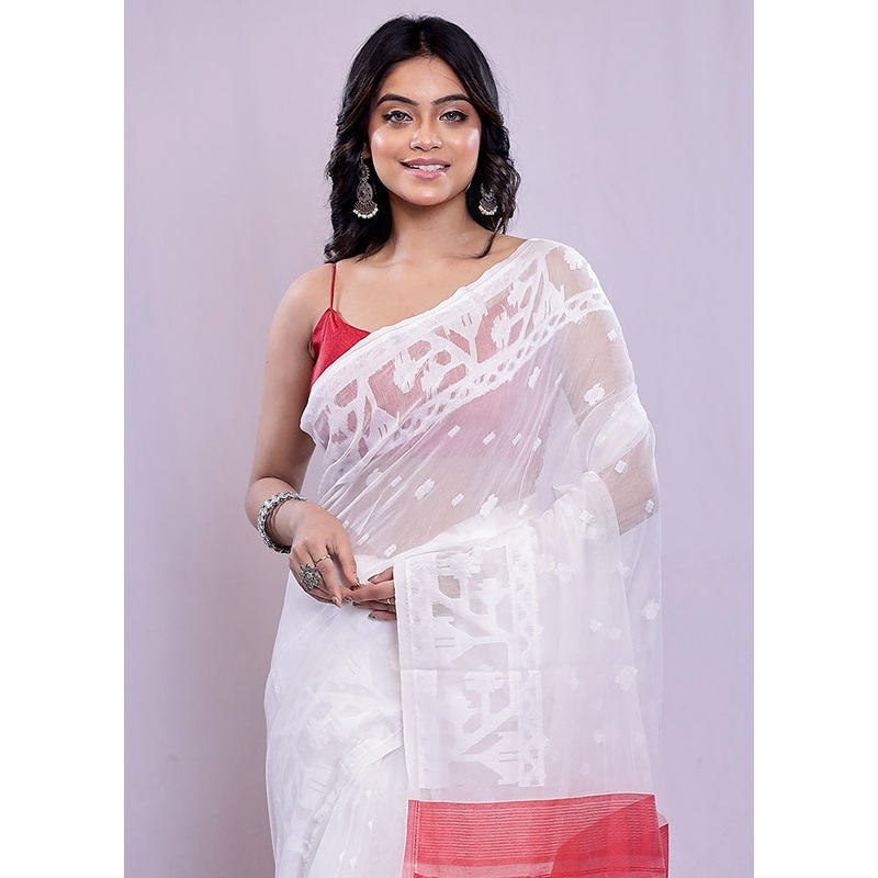 White Tant Jamdani  Saree Without Blouse Piece - JD986588223