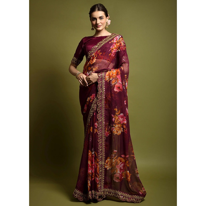 Wine Georgette Saree With Blouse Piece - JD986588244