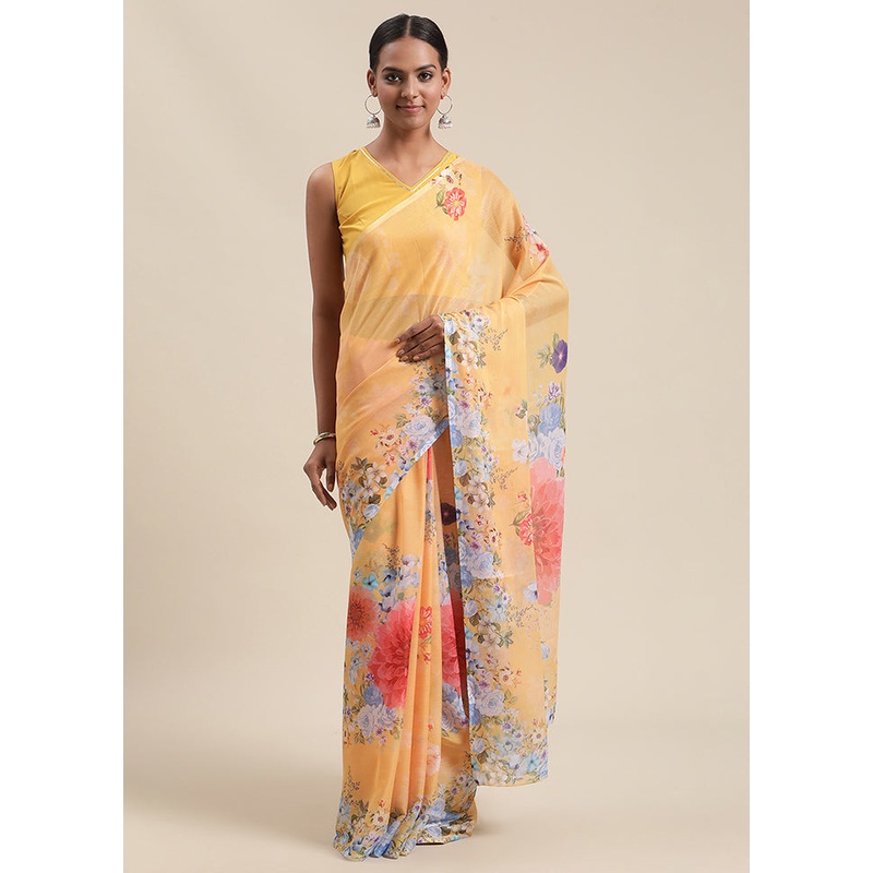 Yellow Chiffon Silk Saree With Blouse Piece - JD986588243