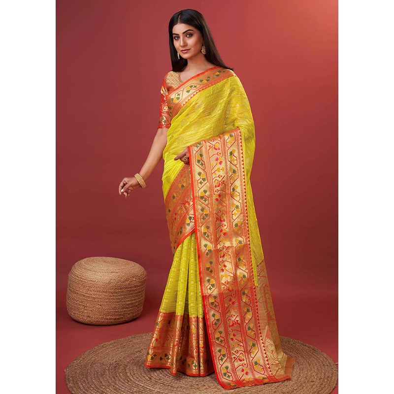 Yellow Dupion Silk Saree With Blouse Piece - JD986588242