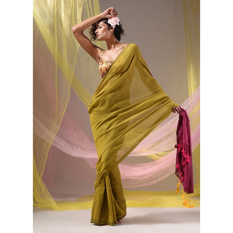 Yellow Pure Cotton Saree With Blouse Piece - JD986588239