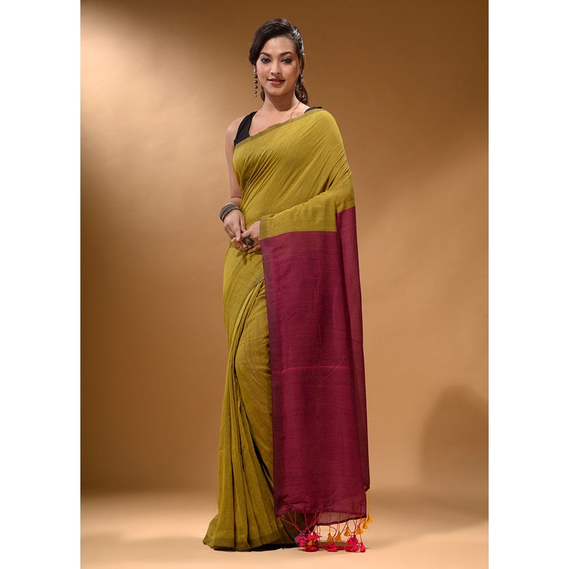 Yellow Pure Cotton Saree With Blouse Piece - JD986588240