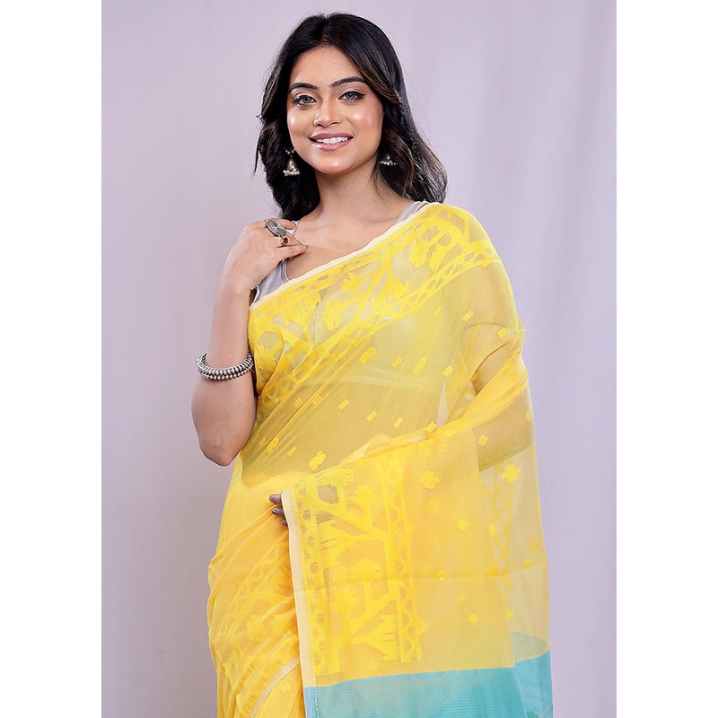 Yellow Tant Jamdani  Saree Without Blouse Piece - JD986588221
