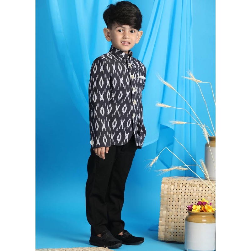 2 Pc Black Cotton Jodhpuri Kurta Pant Set - JD986587929