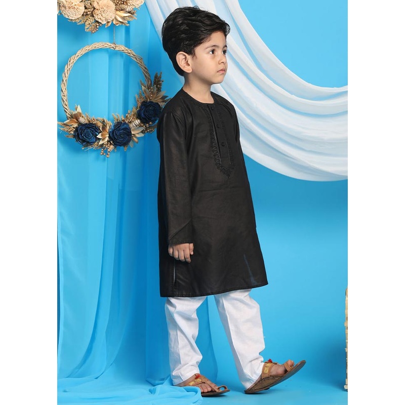 2 Pc Black Cotton Kurta Pajama Set - JD986587927