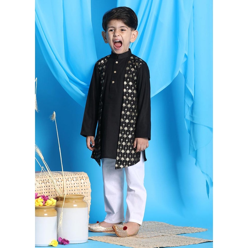 2 Pc Black Cotton Kurta Pajama Set - JD986587928