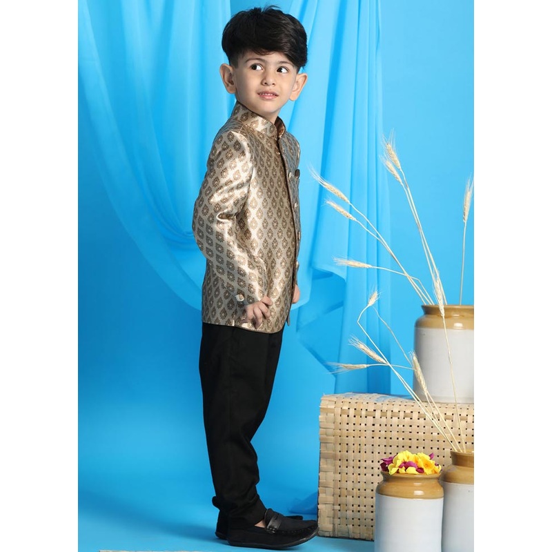 2 Pc Coffee Silk Jodhpuri Kurta Pant Set - JD986587913