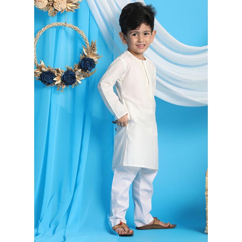2 Pc Cream Cotton Kurta Pajama Set - JD986587912