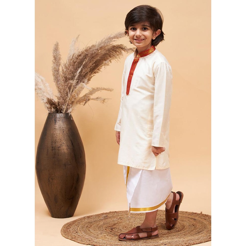 2 Pc Cream Viscose Kurta Mundu Set - JD986587909