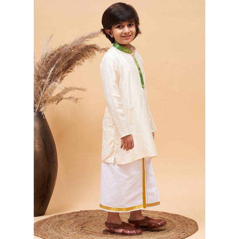 2 Pc Cream Viscose Kurta Mundu Set - JD986587910