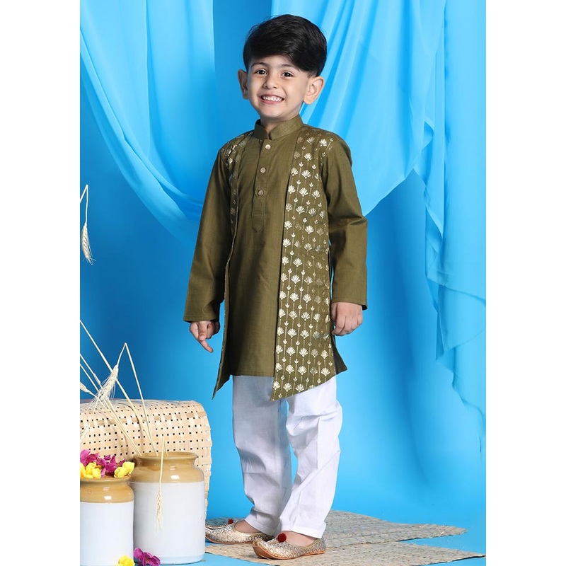 2 Pc Green Cotton Kurta Pajama Set - JD986587905