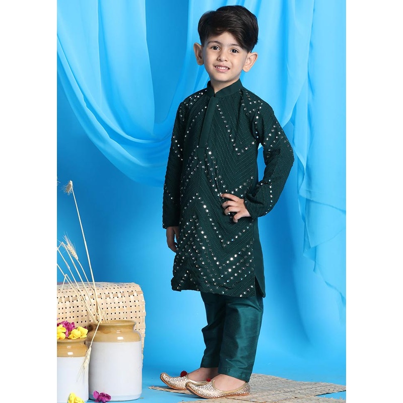 2 Pc Green Georgette Kurta Pajama Set - JD986587903