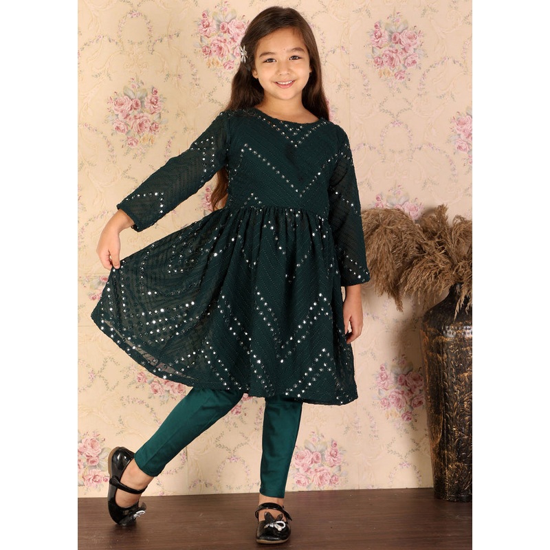 2 Pc Green Georgette Kurti Set - JD986587902