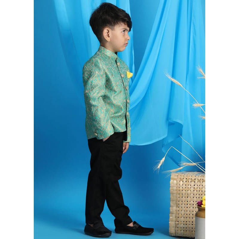 2 Pc Green Silk Jodhpuri Kurta Pant Set - JD986587899