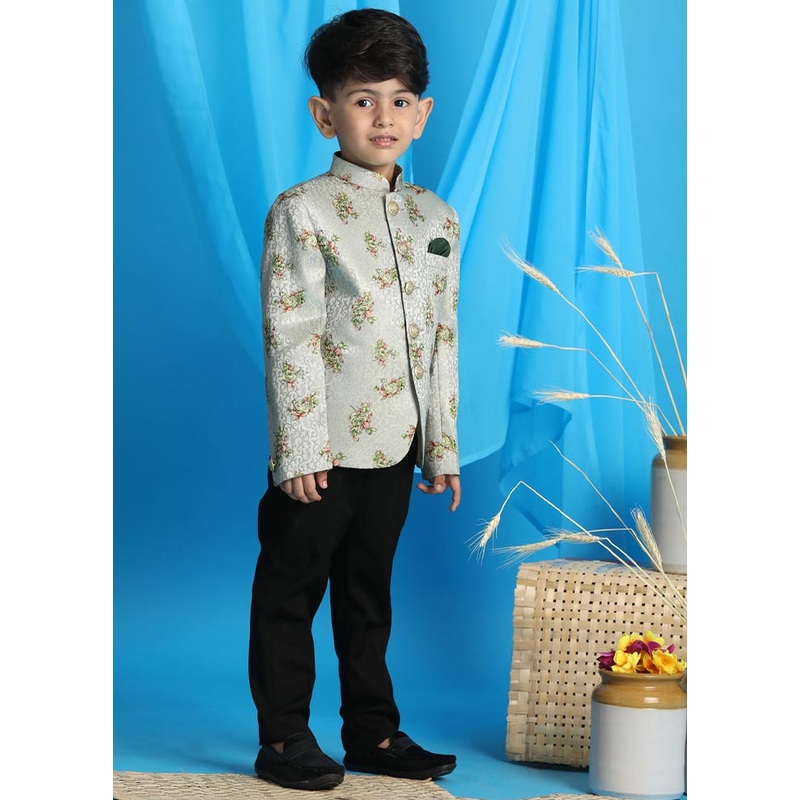 2 Pc Green Silk Jodhpuri Kurta Pant Set - JD986587900