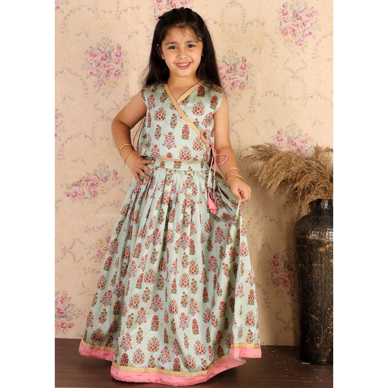 2 Pc Light Green Silk Lehenga Set - JD986587894