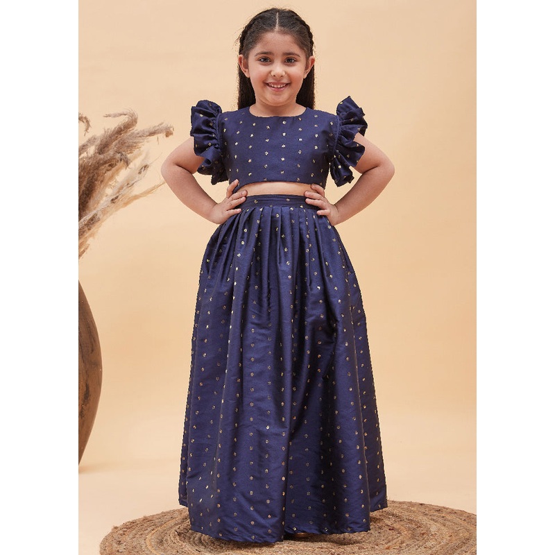 2 Pc Navy Blue Silk Lehenga Set - JD986587882