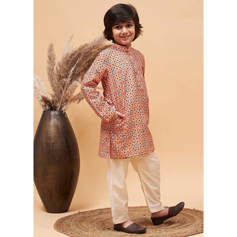 2 Pc Orange Silk Kurta Pajama Set - JD986587880