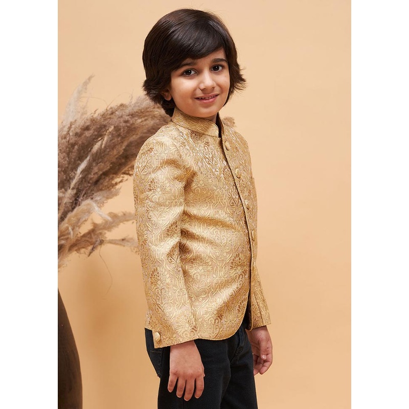 2 Pc Rose Gold Silk Jodhpuri Kurta Pant Set - JD986587869
