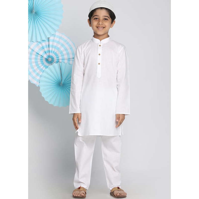 2 Pc White Cotton Kurta Pajama Set - JD986587867