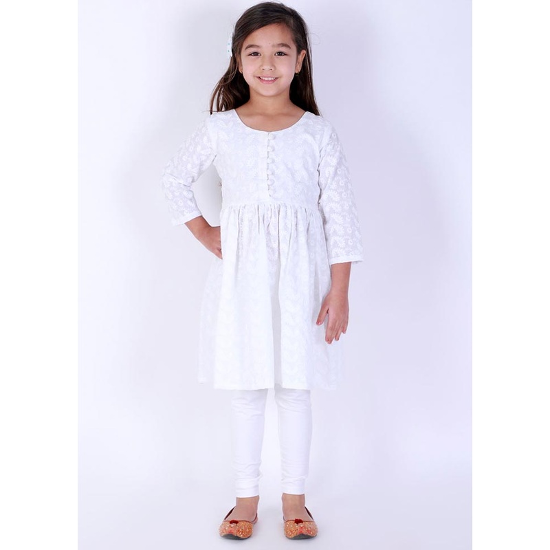 2 Pc White Cotton Kurti Leggings Set - JD986587864