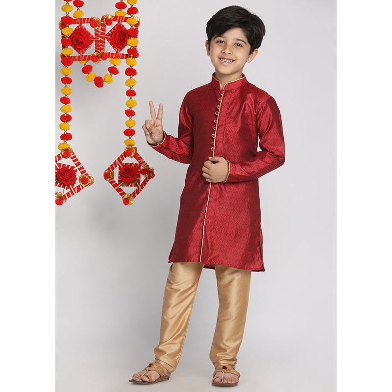 Maroon Festive Silk Kurta Pajama Set - JD986588050