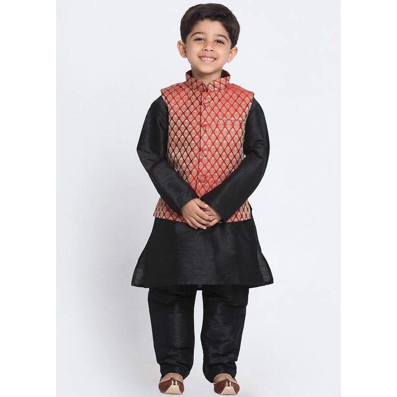 Maroon Silk Kurta Pajama Set With Jacket - JD986588034