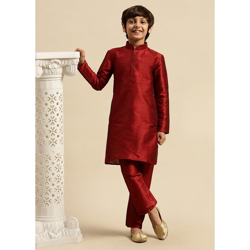 Maroon Silk Solid Kurta - JD986588027