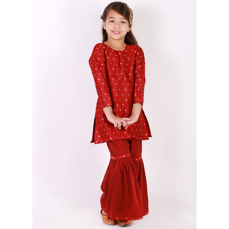 Maroon Zari Buta Self Design Kurta With Sharara - JD986588025