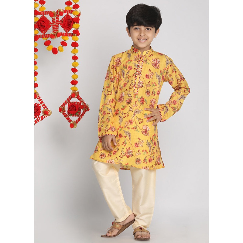 Mustard Festive Silk Kurta Pajama Set - JD986588018